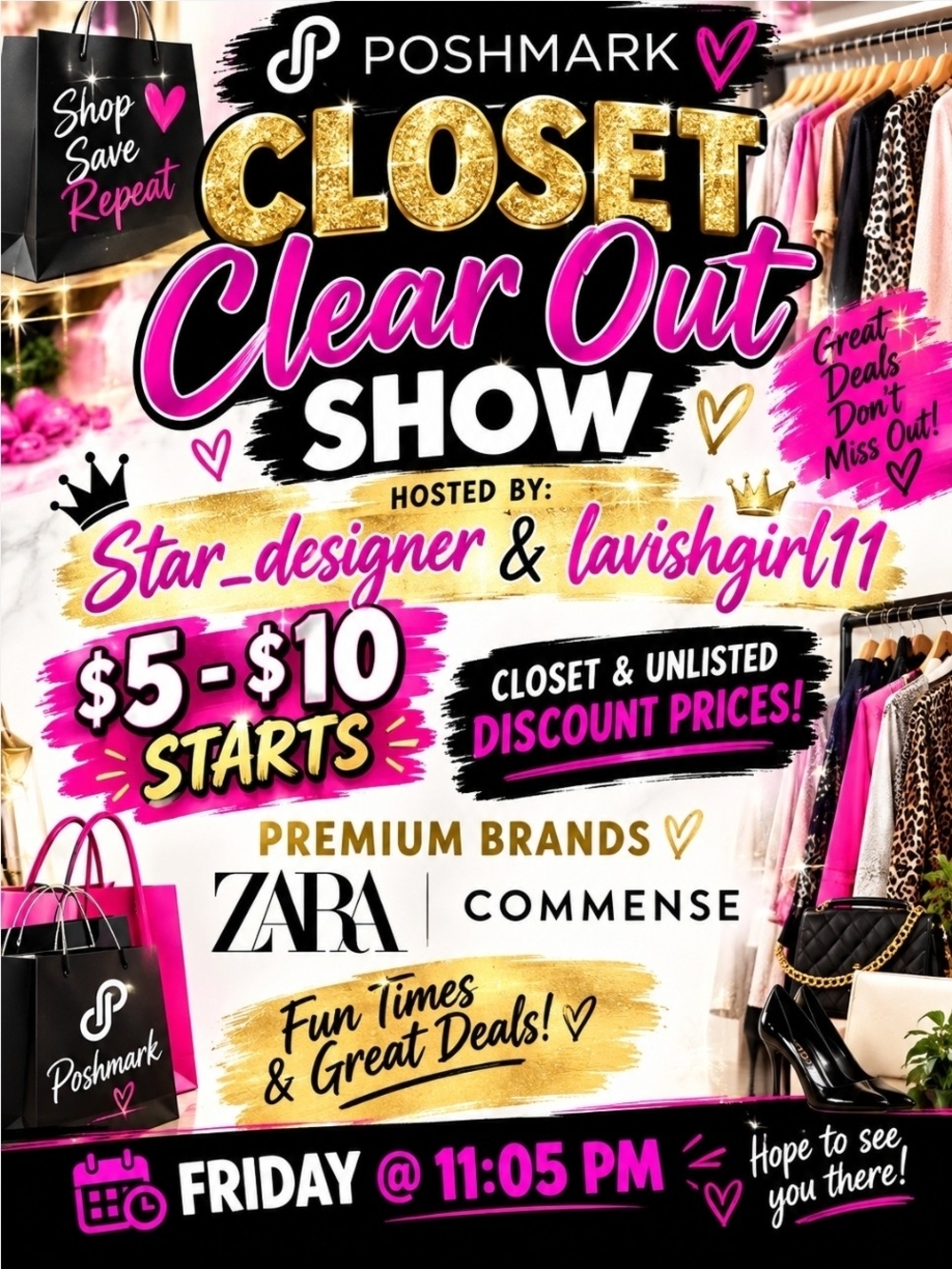 Poshmark Closet Clear Out Show Promotional Graphic - Pink, Gold, Black